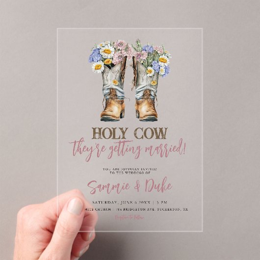 Westerne en landbloemen boots Rustic Wedding Acryl Uitnodigingen (Insitu (Draagbaar))
