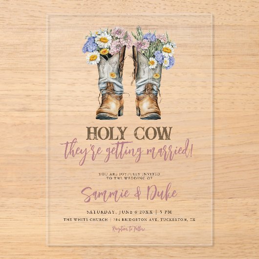 Westerne en landbloemen boots Rustic Wedding Acryl Uitnodigingen (Voorkant)