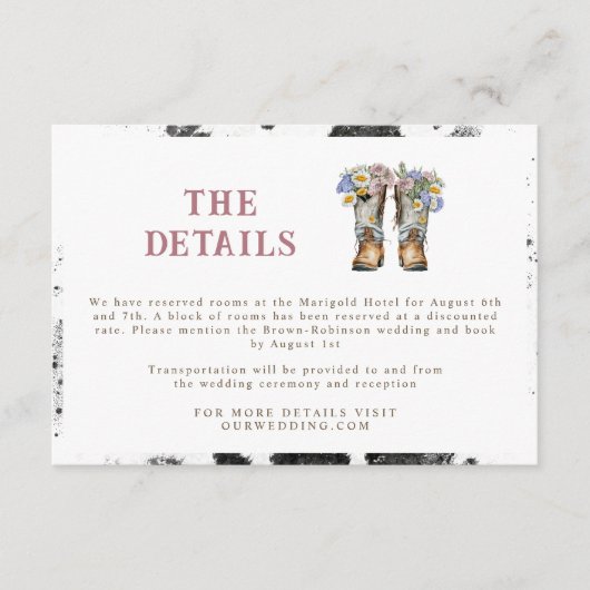 Westerne en landbloemen boots Rustic Wedding Informatiekaartje (Voorkant)