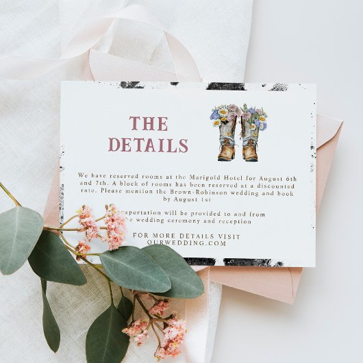 Westerne en landbloemen boots Rustic Wedding Informatiekaartje