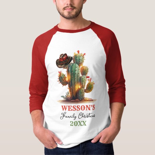 Westerne familie cactus aangepaste naam kerst t-shirt (Voorkant)