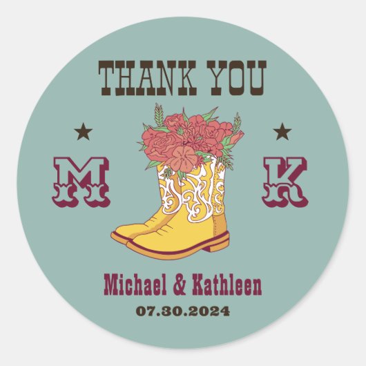 Westerne Floral Cowboy Boot Monogram Rustic Weddin Ronde Sticker (Voorkant)