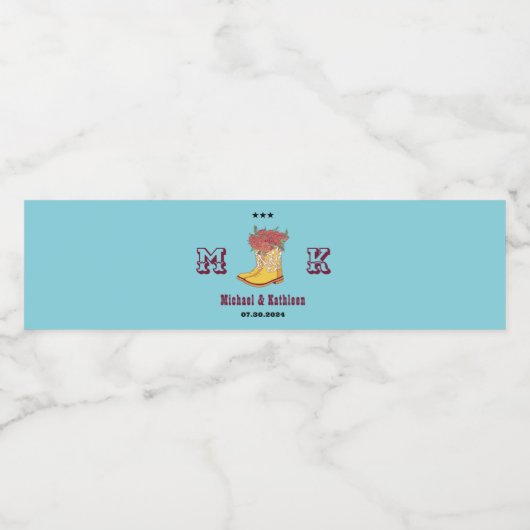 Westerne Floral Cowboy Boot Monogram Rustic Weddin Waterfles Etiket (Enkel label)