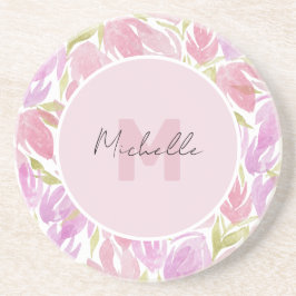 Westerne Fuchsia Roze Waterverf Bloemen Monogram Zandsteen Onderzetter