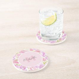 Westerne Fuchsia Roze Waterverf Bloemen Monogram Zandsteen Onderzetter
