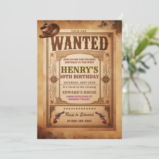 Westerne Gezocht Cowboy Verjaardagsuitnodiging Kaart (Staand voorkant)