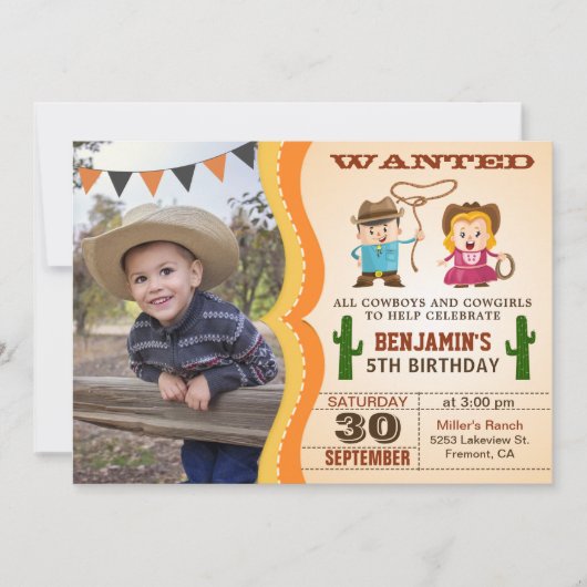 Westerne Gezochte Cowboy Foto Birthday Party Kaart (Voorkant)