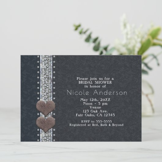 Westerne Glam Black Leather & Diamonds Uitnodiging (Staand voorkant)