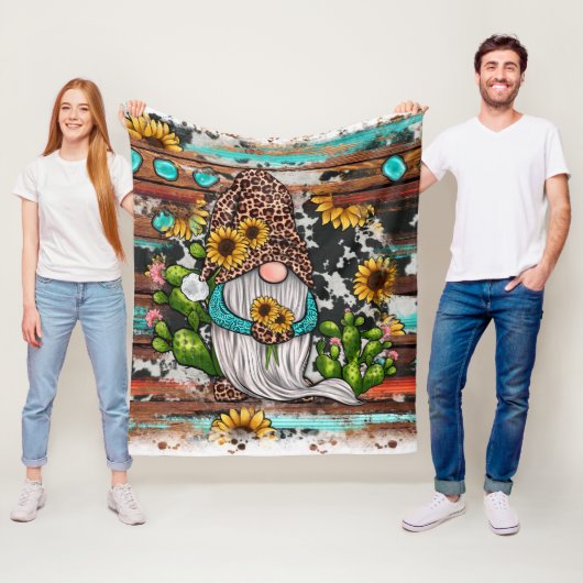 Westerne Gnome Sunflower Turquoise Stones Fleece Deken (In situ)