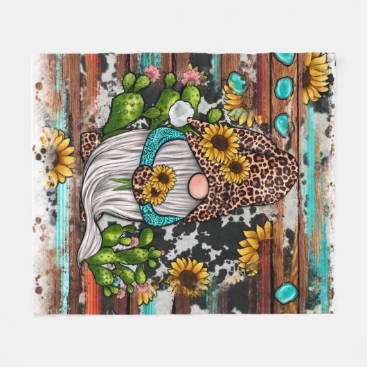 Westerne Gnome Sunflower Turquoise Stones Fleece Deken (Voorkant (Horizontaal))