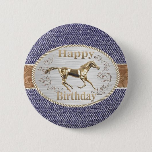 Westerne gordel en sluiting op Denim Happy Birthda Ronde Button 5,7 Cm (Voorkant)