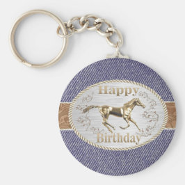 Westerne gordel en sluiting op Denim Happy Birthda Sleutelhanger