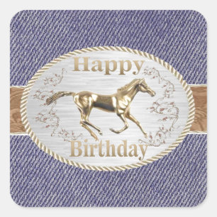Westerne gordel en sluiting op Denim Happy Birthda Vierkante Sticker