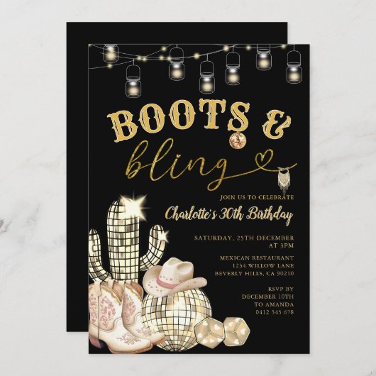 Westerne Gouden Laarzen & Bling Cowgirl Cactus Ver Kaart (Voorkant / Achterkant)