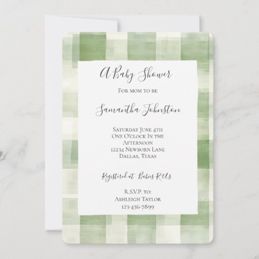 Westerne Green Cream Plaid Stripes Chic Baby showe Kaart (Voorkant)