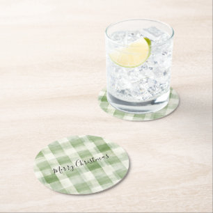 Westerne Green Cream Plaid Stripes Kerst Ronde Kartonnen Onderzetter