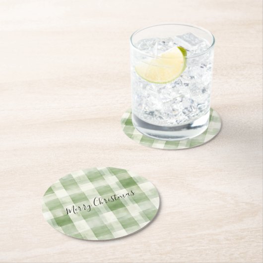 Westerne Green Cream Plaid Stripes Kerst Ronde Kartonnen Onderzetter (Insitu)