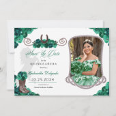 Westerne groene quinceañera bewaar de datum foto kaart (Voorkant)