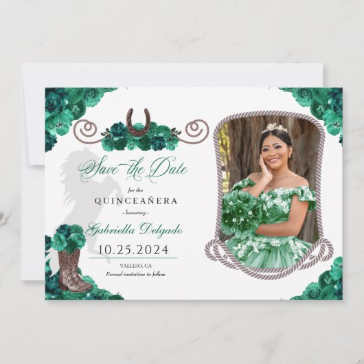 Westerne groene quinceañera bewaar de datum foto kaart (Voorkant)