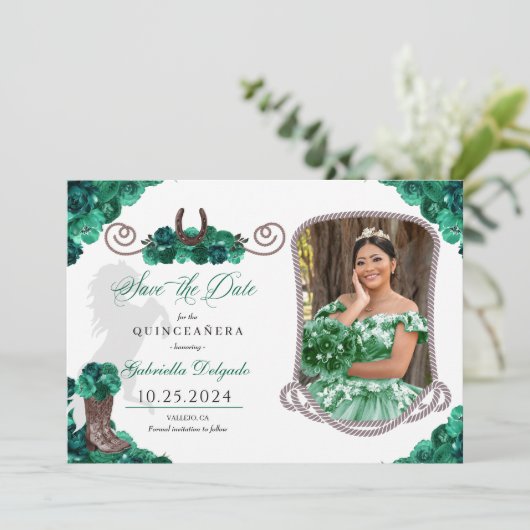 Westerne groene quinceañera bewaar de datum foto kaart (Staand voorkant)