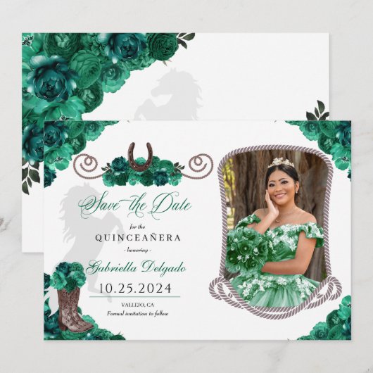 Westerne groene quinceañera bewaar de datum foto kaart (Voorkant / Achterkant)