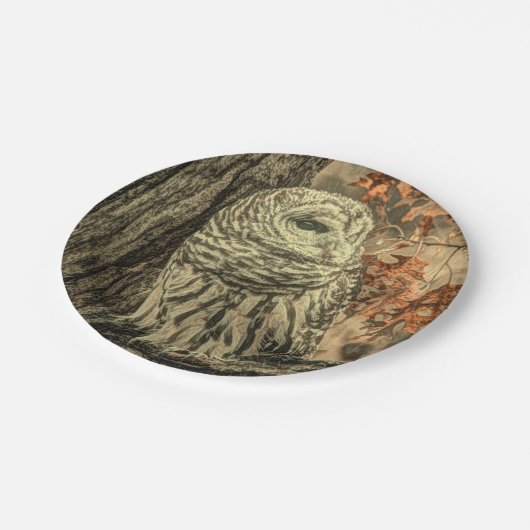 westerne herfstbladeren eikenboom witte uil papieren bordje (Gekanteld)