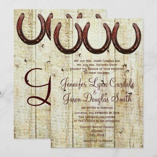 Westerne Hoefijzers Barn Wood Wedding Invitations Kaart (Voorkant / Achterkant)
