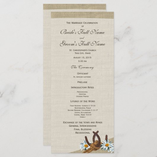 Westerne Hoefijzers en Daisy Wedding Program Programmakaart (Voorkant / Achterkant)