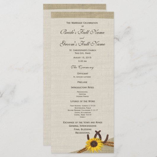 Westerne Hoefijzers en zonnebloem bruiloft program Programmakaart (Voorkant / Achterkant)