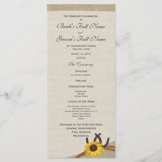 Westerne Hoefijzers en zonnebloem bruiloft program Programmakaart (Voorkant)