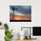 Westerne Kansas Sunset en Windmill Poster (Thuiskantoor)