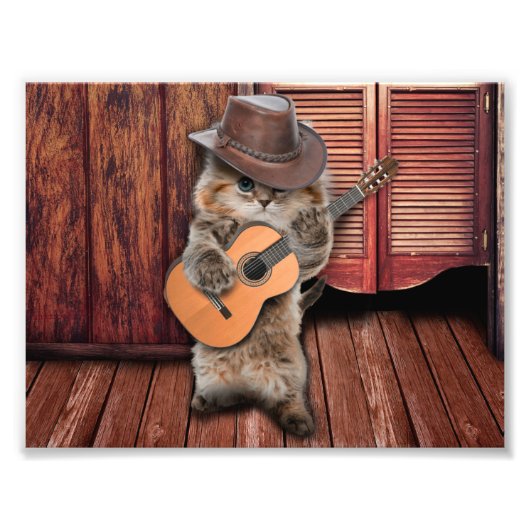 Westerne Kat-cowboymuzikant met gitaar Foto Afdruk (Voorkant)