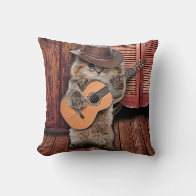 Westerne Kat-cowboymuzikant met gitaar Kussen (Voorkant)
