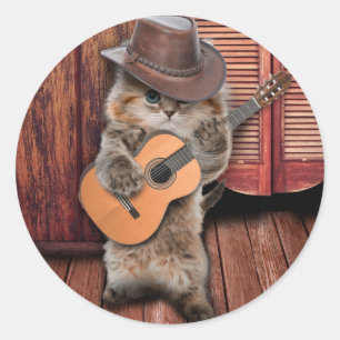 Westerne Kat-cowboymuzikant met gitaar Ronde Sticker