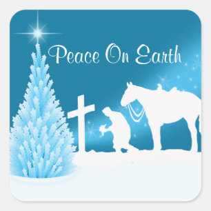Westerne kerst cowboy bidden winter scène vierkante sticker