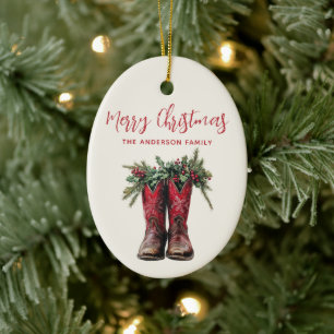 Westerne Kerst Cowboy Laarzen Custom Foto Keramisch Ornament