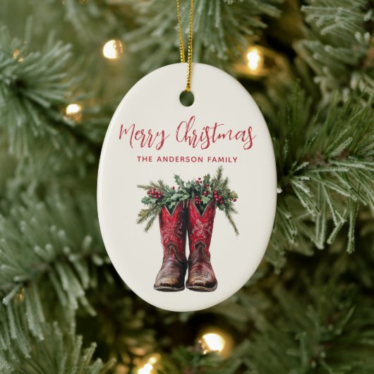 Westerne Kerst Cowboy Laarzen Custom Foto Keramisch Ornament (Boom)