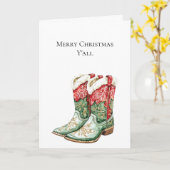 Westerne Kerst Rode Cowboy Cowgirl Laarzen Kaart (Gele Bloem)