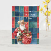 Westerne Kerst Rood Blauw Groen Cowboy Santa Kaart (Gele Bloem)