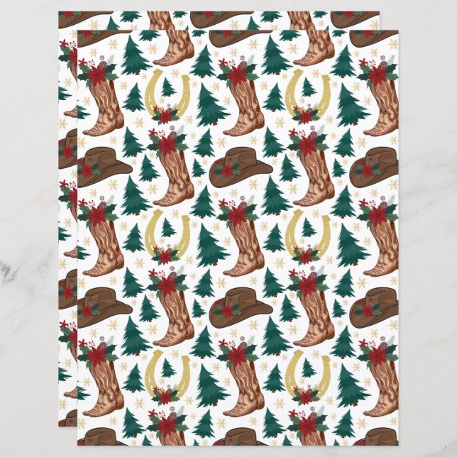 Westerne Kerst Scrapbook Papier in Wit (Voorkant / Achterkant)