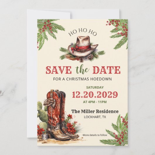 Westerne kerst, vakantie hoedown, cowboyfeest save the date (Voorkant)