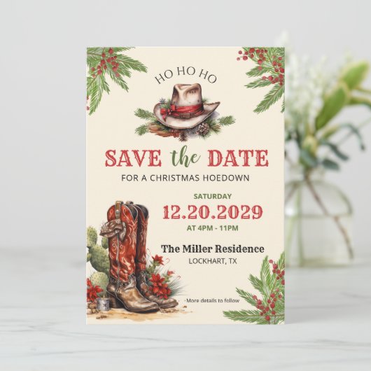 Westerne kerst, vakantie hoedown, cowboyfeest save the date (Staand voorkant)