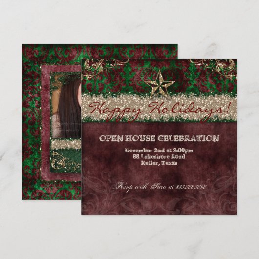 Westerne kerstkaart met  fotokaart Damask Star Kaart (Voorkant / Achterkant)