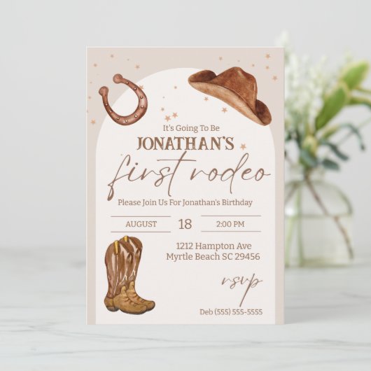 Westerne Kinder Cowboy First Rodeo Birthday Kaart (Staand voorkant)