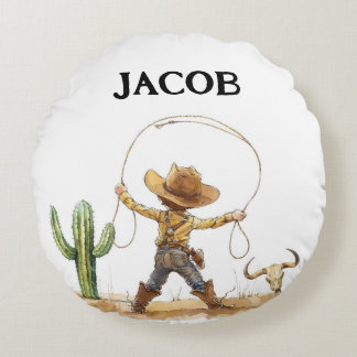 Westerne kinderkamer decor, gepersonaliseerde cowb rond kussen