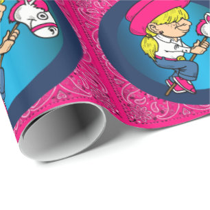 Westerne kleine Cartoon cowgirl op stokpaard Cadeaupapier