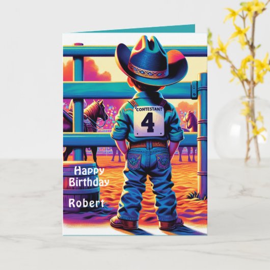 Westerne kleine cowboy 4e verjaardag rodeo custom kaart (Gele Bloem)