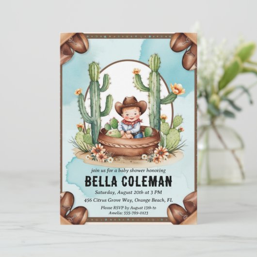 westerne kleine cowboy babyshower uitnodigingen (Staand voorkant)