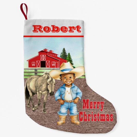 Westerne kleine cowboy met paard en schuur kleine kerstsok (Voorkant)
