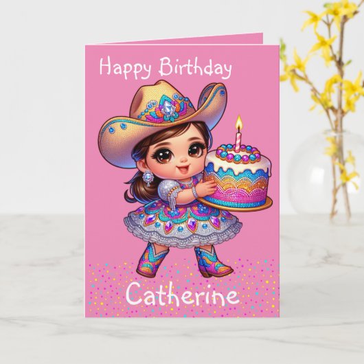 Westerne kleine cowgirl eerste verjaardag custom kaart (Gele Bloem)